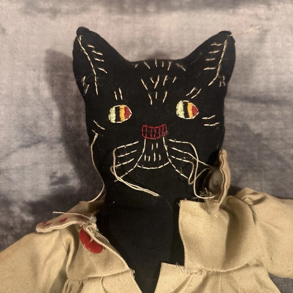 Pair of Y2K Folk Art Black Cat Cloth Dolls | Primitive Farmhouse Handmade Style